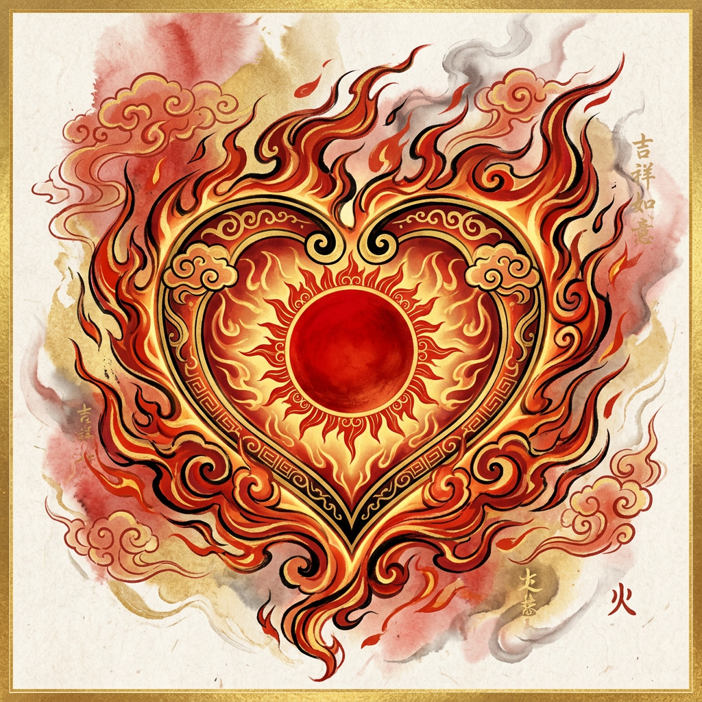 Heart-shaped flame with a red sun center, surrounded by swirling clouds and Asian-style patterns